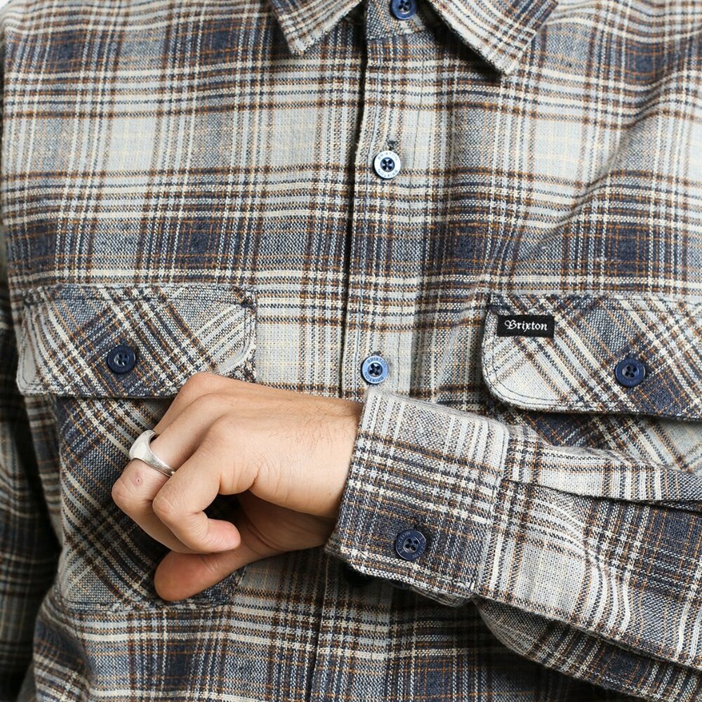 Brixton Bowery Plaid Flannel Long Sleeve Button Up Shirt Grey Business Casual - Picture 2 of 12